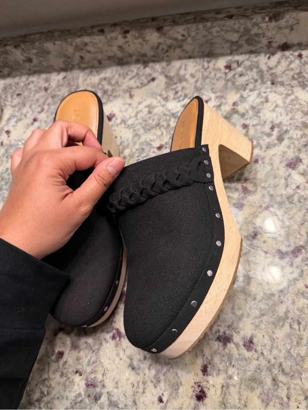 Jcrew Black Block Heel Clogs Mule Suede Wood Shoes Sandals Chunky
